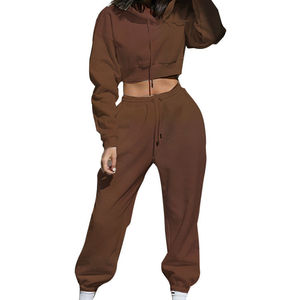 High Quality 100% Cotton Fleece Solid Winter Custom Logo Turtleneck Short 2 <b>Piece</b> Long <b>Set</b> Hip Hop Eco-Friendly Breathable Women - Product Image 5