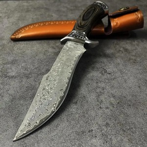 Couteau à lame fixe multifonctionnel DIY OEM fait main en acier inoxydable, à pointe tombante et bord biseauté, pour la chasse et la survie en extérieur, avec manche en bois et acier - Product Image 5