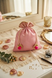 Wholesale Luxury Indian Ethnic Pink Silk Potli Bag Handcrafted Golden Gota Patti Lace Work Premium Satin Drawstring Wedding Gift - Product Image 4