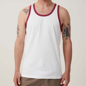 <b>Men's</b> Solid Color Knitted Tank Top O Neck Casual Sleeveless <b>Vest</b> 100% Cotton Brown with <b>White</b> Trim - Product Image 4