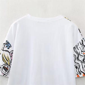 Camiseta blanca de manga corta para mujer con mangas con estampado colorido, cuello redondo, corte holgado, informal, de verano, de algodón - Product Image 2