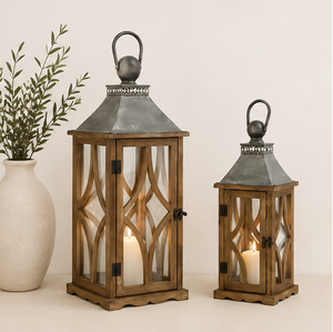 Vintage Farmhouse Wooden Candle <b>Lantern</b> <b>Set</b> of 2 Rustic Distressed Brown Decorative <b>Lantern</b> with Antique Metal Top for Home - Product Image 3