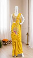 Sari en crêpe de soie premium brodé jaune avec un pallu imprimé riche pour les mariages et les fêtes indiennes, vêtements ethniques pour femmes