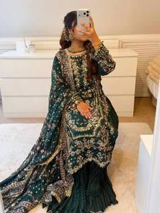 ชุดสาหรี่กะมีซงานแต่งงานดีไซน์ใหม่ พร้อมผ้าคลุมไหล่ปักลายหรูหรา ผ้าฟ็อกซ์กอการ์เกตเนื้อหนา แห้งเร็ว - Product Image 2