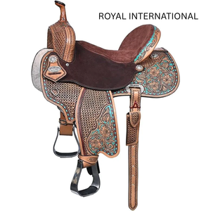 Selle de cheval western de luxe faite à la main en cuir véritable turquoise, outillée, pour l'équitation sur sentier et à la ferme, confortable et durable, équipement équestre - Product Image 1