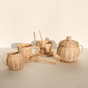 Charmante théière en rotin jouets articles les plus vendus ensemble de jouets de fête de thé pour enfants pot tissé tasse cuillère soucoupe coffrets cadeaux - Product Image 6