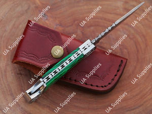 มีดพับเหล็กดามัสกัสทำมือ ด้ามหินมาลาไคต์ ขอบหยัก 7.5 นิ้ว พร้อมปลอกหนัง EDC - Product Image 3