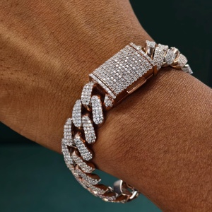 RB Gems Pulsera de Plata de Ley con Baño de Oro Rosa, 14K, 12mm, con Diamantes VVS de Corte Corazón Engastados en Bisel, 2 Filas, Estilo Cubano Iced, Romántica, Certificación GIA Fina - Product Image 6