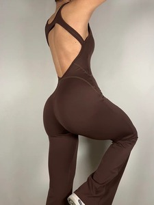 Custom Wholesale Womens Seamless Yoga <b>Bodysuit</b> Sexy One Piece <b>Tummy</b> <b>Control</b> Flare Leg Jumpsuit Romper - Product Image 3