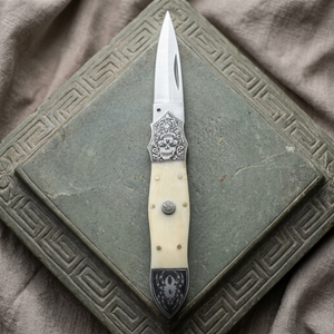 Custom OEM Stainless Steel Push Button Straight Clip Point Folding Pocket <b>Knife</b> Handmade <b>Bone</b> <b>Handle</b> EDC Hunting Fishing - Product Image 5