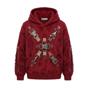 Sudadera con Capucha Premium para Hombre, Estilo Urbano, de Punto Desgastado, Oversize, con Cremallera, Bolsillos Laterales y Tirantes con Hebilla, 100% Algodón - Product Image 5
