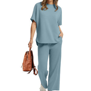 Conjunto deportivo de 2 piezas para mujer, 100% algodón, informal, para verano, para yoga, fitness, correr, conjunto de chándal y camiseta. - Product Image 2