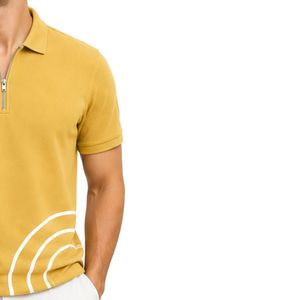 Polo zippé personnalisé pour homme en maille gaufrée jaune moutarde, respirant, à manches courtes, décontracté, pour le golf, le tennis, performance estivale - Product Image 4