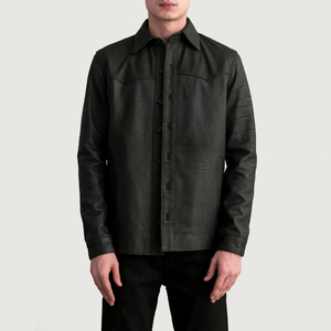 Veste chemise en cuir PU noir pour homme, col rabattu, fermeture boutonnée, coupe ajustée, style workwear, vêtement d'automne - Product Image 2