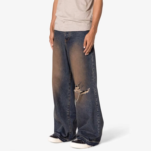 Nueva Llegada, Venta al Por Mayor, Diseño de Marca de Moda, Jeans de Mezclilla Personalizados, Desgastados, Rotos, Holgados, para Hombre - Product Image 1