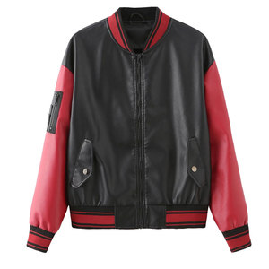 Women's Black Red Color Block Leather Bomber Jacket Full Sleeve <b>Zipper</b> Closure Stand Collar Short Length Autumn Style - Product Image 4