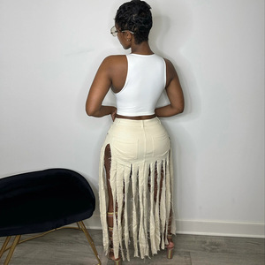 Jupes longues en coton pour femmes, prêtes à être expédiées, nouvelle collection été, style déchiré avec franges, jupes blanches de créateur pour femmes 2026 - Product Image 5