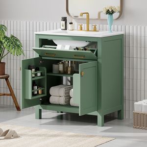 Mobile Bagno Moderno Verde da 30 Pollici con Armadietto Singolo e Lavabo in Ceramica, 2 Ante con Chiusura Ammortizzata e Ripiano - Product Image 1