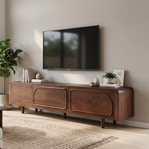 Meuble TV en bois massif de style Mid-Century Modern avec rangement pour salon, 50-54 pouces, à poser au sol - Product Image 4