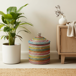 Decorative Rainbow Seagrass <b>Basket</b> with Lid Colorful Woven <b>Storage</b> <b>Basket</b> With Plastic String for Home Use <b>Storage</b> - Product Image 1