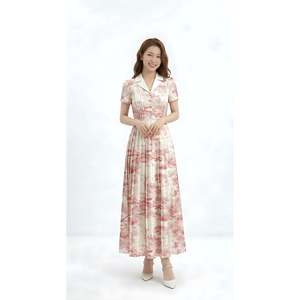 Vestido Maxi de Seda Floral Rosa Elegante para Mujer, de Alta Calidad, con Manga Corta, Estampado Vintage, para Fiesta o Vacaciones - Product Image 3