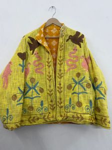 Twin Feet Bohemian Floral Green Embroidered Cotton TNT Suzani <b>Jacket</b> <b>Mandarin</b> <b>Collar</b> Handmade Ethnic Winter Wear Windproof Thick - Product Image 2