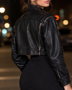 Black Genuine Leather Moto <b>Jacket</b> Slim Fit <b>Short</b> Length Zipper Closure Turn-down Collar Regular <b>Sleeve</b> Solid Color Unisex - Product Image 1