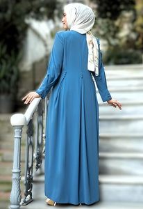 Dubai Plain Abaya Women Blue Color Stylish Turkish <b>Kaftan</b> Floor Length Zip Open Gown Girls Polyester Breathable Ladies Abayas - Product Image 2