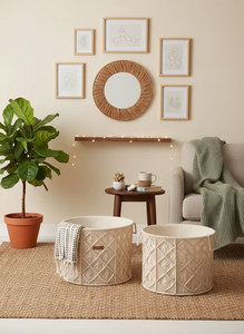 Round Set of 3 Macramé Boho Laundry <b>Baskets</b> with Handles Handmade Cotton Rope <b>Storage</b> <b>Basket</b> <b>for</b> Home Décor & Organizer - Product Image 3