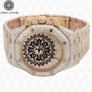 Charm_Jewells Luxury Gold Diamond Encrusted <b>Chronograph</b> Watch Analog Quartz Men's Fashion 42mm Round Case Folding Clasp - Product Image 1