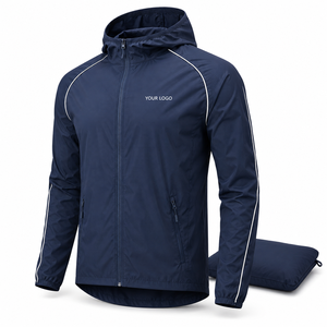 Men's Navy Hooded Sport Jacket Quick Dry Polyester <b>Zip</b> Front Elastic Cuff <b>Zip</b> Pockets Custom Logo Spring Wear - Product Image 2