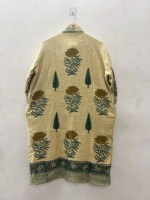 Robe kimono longue de luxe unisexe en coton indien fait main, imprimée au bloc, col en V, respirante, écologique, motifs floraux et feuilles, avec ceinture