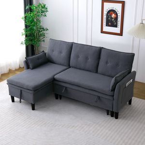Dark <b>Grey</b> Reversible L-Shaped Chaise Sectional Sofa with <b>Storage</b> Cotton Linen for Office and Apartment Use - Product Image 1