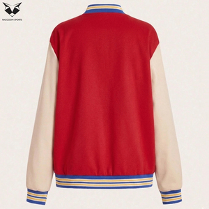 เสื้อแจ็คเก็ตวาร์ซิตี้สำหรับผู้หญิง สีแดงและครีม แขนยาว แต่งขอบยางยืดตัดกัน กระดุมแป๊กด้านหน้า สไตล์ลำลอง ใส่ได้ในฤดูใบไม้ร่วง ทรงปกติ - Product Image 2