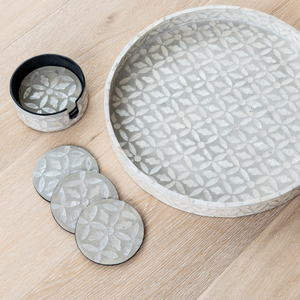 Superbe plateau rond en coquille de capiz gris à motif floral, ensemble de dessous-de-verre, cadeau idéal pour l'inauguration d'une maison, plateau de service, vente en gros - Product Image 1