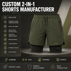 Pantalones Cortos Deportivos para Hombre, Doble Capa, Ecológicos, Color Verde Sólido, Forro Interior, Secado Rápido, Transpirables, Bolsillos con Cremallera, Cintura con Cordón Ajustable - Product Image 6