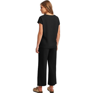 Ensemble de vêtements de détente pour femmes, fabrication directe d'usine, populaire, sur mesure, comprenant des chemises et des pantalons à jambes larges - Product Image 4
