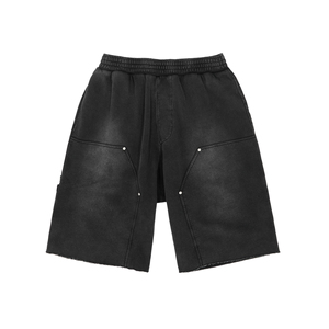 Shorts Bermuda en toile de coton noir pour homme, taille élastique, couleur unie, avec poches, respirants, finition lavée - Product Image 1