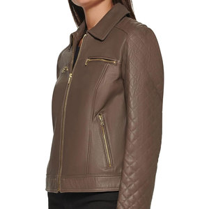 Blouson moto matelassé en cuir véritable pour femme, manches longues, col rabattable, fermeture éclair, vêtement d'extérieur automne et saisonnier - Product Image 4