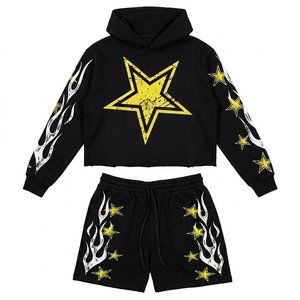 Nouvel ensemble sweat à capuche et short noir style flamme pour homme, tenue streetwear 2 pièces, survêtement décontracté et sportif, vêtement de mode - Product Image 1