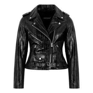 Chaqueta de Motociclista Personalizada de Cuero Vacuno con Estampado de Cocodrilo, Estilo BRANDO para Mujer, con Cierre Cruzado - Product Image 5