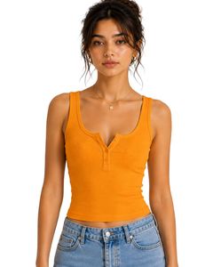 เสื้อกล้ามครอปท็อปผ้าคอตตอนริบบ์สีส้มสำหรับผู้หญิง ติดกระดุมด้านหน้า ทรงเข้ารูป สวมใส่สบาย เหมาะสำหรับฤดูร้อน เนื้อผ้านุ่ม ยืดหยุ่น แฟชั่น เสื้อพื้นฐาน - Product Image 1
