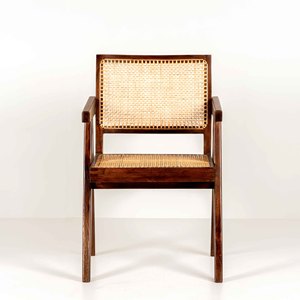 Fauteuil de bureau et de salle à manger style Pierre Jeanneret en bois massif avec pieds en V et assise en rotin naturel tressé – Vente en gros - Product Image 2