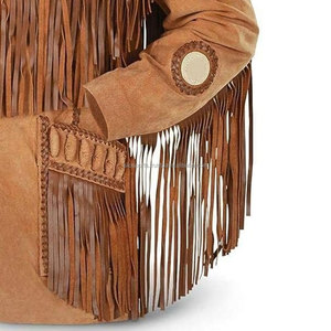 OEM 2025 nuevo diseño chaqueta marrón con flecos para hombre transpirable de talla grande bajo Moq hecho a medida chaquetas con flecos de moda de cuero auténtico - Product Image 4