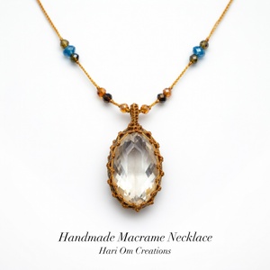 Collier Pendentif Macramé Fait Main avec Perles d'Eau Douce et Pierre Jaune Dorée Plaqué Platine, Bijou Bohème Guérison pour Fête - Product Image 4