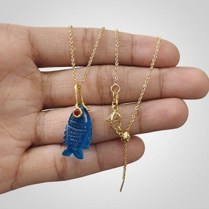 Hand carved labradorite crystal quartz jade stone fish pendant necklace <b>with</b> cz eye 18k gold plated brass chain jewelry necklace - Product Image 5
