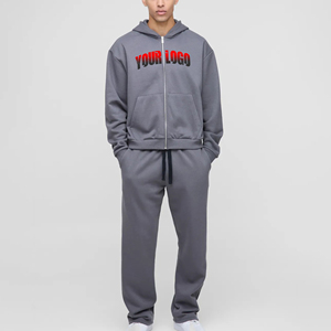 Ensemble de survêtement unisexe gris uni 100 % coton molletonné coupe-vent avec logo personnalisé, veste imprimée et pantalon de jogging ample de luxe – Vente chaude OEM - Product Image 1