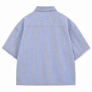 Camisa Y2K con Apliques de Chenilla a Rayas Azules, Personalizada, para Hombre, Estilo Oversize, Corte Cuadrado, con Botones, Manga Corta, Estilo Urbano Retro, 240g Algodón - Product Image 4