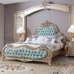 Oferta Especial: Juego de Dormitorio de Lujo Clásico en Blanco, Dorado y Azul, Cama Tapizada, Muebles Elegantes de Estilo Real para Hotel, Diseño Personalizado - Product Image 2