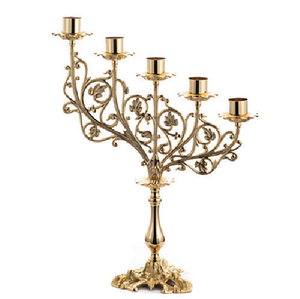 Vintage bronze finish five arm <b>candelabra</b> displaying striking textured metallic tapers, available at wholesale prices. - Product Image 3